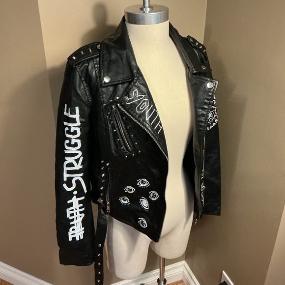 Other - Black Leather Studded Graphic Jacket